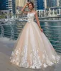 Ball Gown Nude Tulle Overlay 3D Flower Lace Wedding Dress Sheer Neck Floor Length Bridal Gowns Champagne Ivory Vintage Design285h
