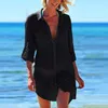 women's Beach blouse summer Button Swimsuit Pocket Shirts Sunscreen Cover Up tops Female Pareo Tops1