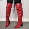 Ronitc Handmade Women Knee High Boots Square High Heels Boots Pointed Toe Gorgeous Red Dress ShoeS Women Plus US Size 5-15