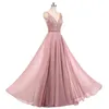 Neue sexy 2019 Real Blush Pink Ballkleider mit V-Ausschnitt, ärmellos, Perlen, A-Linie, lang, Chiffon, formelle Kleider, Abendgarderobe, Partykleid, Mutter QC1312