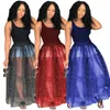 Women Beaded Maxi Ball Gowns Summer Sexy Sheer Mesh Patchwork Dresses Scoop Neck Sleeveless Dresses Black Dark Blue Russet