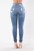 Vrouwen single knie gescheurde elasticiteit donkerblauw hoge getailleerde skinny denim Jean broek vrouwen jeans plus size dames vrouwelijke