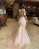 Aso ebi Arabisch roze kanten kralen bruidsmeisje jurken zeemeermin pure nek gasten kleedt goedkope formele feestavond prom jurken zj334 216n