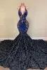 Preto Sereia Prom Dresses com florais 3D Appliqued Lace Ruffles Vestido 2020 Africano Halter Illusion Partido Vestidos De