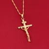 24K Gold Color Cross Chain Men Crucifix Necklace Pendant Women Jesus Yellow Gold Filled Jewelry