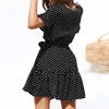 Women Casual Elegant Fashion Wave Dot Print Ruffles Button Dress Summer V-neck Belt Slim Flare Sleeves Ladies Beach Dresses Boho Mini