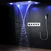 Sistema de ducha de lluvia de baño Kit de ducha de lujo Faucets Cascada Cuadrado LED cabezal de ducha Frío y válvula de desvío caliente con la mano de mano
