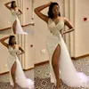 Seksowne Wysokie Split Prom Dresses South African Aplikacje Koraliki Suknie Wieczorowe Satyna i Tulle Sweep Pociąg Formalna Party Dress