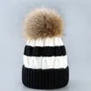 Fashion-2017 Winter Echte wasbeerbont bal cap pom poms muts vrouwen meisje hoed knitbeanies cap bnew dikke vrouwelijke cap 5 kleuren