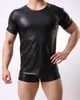 Sexy Herren-T-Shirt aus schwarzem Leder, PU, eng, muskulös, kurzärmelig, Tanktop, T-Shirt, Fitnessstudio, Clubwear, Rundhalsausschnitt