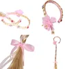 Golden Braid Flower Stirnband für Mädchenkostüm – Pink Ribbon Angel Perücke mit Zubehör für Halloween, Cosplay, Partys