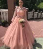 Blush Ball Gown Quinceanera Dresses 2020 Jewel Long Sleeve 3D Floral Pearls Beads Long Prom Party Gowns for Sweet 16 vestidos de quinceañera