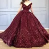 Sparkly Elegant Bourgondië Lovertjes Quinceanera Prom Dresses V-hals Off Schouder Pailletten Baljurk Avondfeestjurken Robe de Soriee