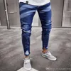 Hommes Side Zipper Jeans Streetwear Hip Hop Summer Casual Denim Hole Long Pantalon Skinny Straight Jeans