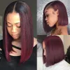 Proste burgundy bob koronkowe peruki 99J koronkowe przednie ludzkie peruki włosy Brazylijska wstępnie rozluźniona z gwiazdą Jazz Baby Hair Nonremy2925724