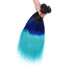 # 1B / Blue / Teal Ombre Прямые индийские человеческие волосы 3 пучка и лобные черные корни Blue Teal 3Tone Ombre Кружевная фронтальная застежка 13x4 с плетением