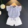 Kinderen outfits ins baby meisjes kleding sets kinderen zomer katoen chiffon t-shirt + rokken korte broek gestreept 2 stks pakken GGA2346