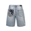 Denim-Shorts mit Cashew-Blume, knielang, Big Damage, plissiert, gewaschen, lässig, Reißverschluss, hochwertige Baumwoll-Shorts