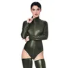 Plus Size 2 Pieces Set Sexy High Cut Faux Leather Bodysuit Women Long Sleeve Catsuit Exotic Clubwear With Thigh High Stockings