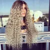 Perruque Blonde Kinky Curly Hair Wig med Naturlig Hårlinje Ombre Blond Syntetisk Lace Front Wig För Kvinnor Gratis Del Värmebeständiga peruker