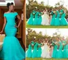 Afrikansk Bateau Neck Tulle Mermaid Long Bridesmaid Dresses Lace Topp Golv Längd Formell Kappor Bröllop Guest Maid of Honor Dress BM0180