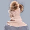 秋の冬の親子毛皮のポンポンハットとスカーフセット女性かぎ針編みのウールビーニーキャップ帽子帽子帽子hats