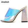 Aneikeh 2020 новый PVC Jelly Sandals Crystal Open Noed сексуальные тонкие каблуки хрустальные женщины прозрачные каблуки сандалии тапочки насосы 41 42