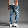 Mode hip hop harem jeans mens jogger byxor jeans bomull stretch lös denim byxor designer svart blå för män jeans plus storlek