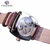 ForSining Brown äkta Leather Fashion Royal Luxury Rose Golden Transparent Skeleton Men Automatiska mekaniska klockor Topp Brand302e