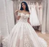 Simple Sexy Ivory Off The Shoulder Lace Ball Gown Wedding Dresses Tulle Applique Ruched Sweep Train Bridal Wedding Gowns robe de mariée