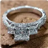 Luxe sieraden handgemaakte echte 925 sterling zilveren drie stenen prinses geslepen witte topaas CZ diamanten edelstenen eeuwigheid vrouwen trouwring ring