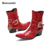 Batzuzhi Western-Cowboystiefel, Punk-Stiefeletten aus echtem Leder für Herren, Party und Hochzeit, rot, Punk, Botas Hombre, große Größen US12