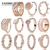 FAHMI 100% 925 Sterling Silver 1:1 Charm Rose Gold Magic Crown Daisy Ring Feather Leaves Heart Shaped Geometric Round Sign Ring Charming
