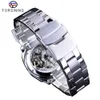 ForSining Par Watch Set Combination Men Silver Automatic Watches Steel Lady Red Skeleton Leather Mechanical Wristwatch Gift182w