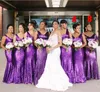 2020 Sexy Purple Sequined Mermaid Bridesmaid Dresses Deep V Neck Sleeveless Backless Floor Length Plus Size Formal Wedding Party Guest Gowns