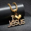Mens Gold Stainless Steel Hip Hop I Love Jesus Heart Pendant Chain Necklace Iced Out Diamond Initial Letters Rapper Jewelry Gifts for Men