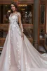 Robe de mariée robes de mariée pure manches longues col en V orné de dentelle brodée romantique princesse Blush une ligne Beach4832569