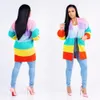 Rainbow Striped Casual Woolen Sweater Coat Full Sleeve Öppna Stitch Kvinnor Tröja Wide Waisted Längd Coat Höst Vinter MOS-M875