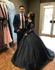 2018 Winter Formal Evening Dresses with Long Sleeves Gown Bateau Neckline Shiny Beaded Lace Bodice Puffy A Line Long Navy Black Prom Dresses