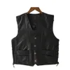 Motorcycle Vest Leather Men's Black Waistcoat Male Biker Punk Genuine Leather Button Lace Up Autumn Sleeveless Jacket For Men