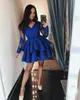 2019 Long Sleeves Homecoming Dresses V Neck Lace Applique Sequins Illusion Tiered Satin Skirt Pink Blue Juniors Graduation Prom Party Gowb