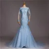 Light Blue Long Sleeve Robes De Mariée Wedding Dress Lace Boat Neckline Mermaid Bridal Gowns Wedding Dresses Plus Size Tulle