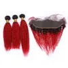Preto para vermelho Ombre Kinky Curly indiano virgem cabelo humano Weave Pacotes com # 1B frontal / Red Ombre 13x4 Lace frontal Encerramento com Weaves