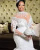 Плюс Размер Африканская Русалка Свадебные платья Нигерийский Арабский Высокий вырез с длинным рукавом Кружева Бисер Со шлейфом Роскошные свадебные платья244P
