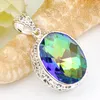Hot !! Luckyshien 925 Silver Natural Rainbow Mystic Topaz Gems Women Vintage Oval Cubic Zirconia Russia American Pendants Necklaces 1"inch