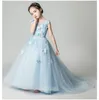 인어 소녀의 미인 대회 생일 파티 드레스 밝은 파란색 파란색 아플리케 꽃 꽃 여자 공주 드레스 푹신한 아이들 첫 Communi220K