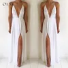 Oeak sexig v-nacke ärmlös sommarklänning kvinnor vit maxi lång klänning hög midja mode bandage party boho beach vestido