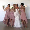 Pembe Yüksek Düşük Gelinlik Modelleri 2020 Halter Spagetti Sapanlar Sevgiliye Saten 3D Çiçek Aplike Hizmetçi Onur Elbise Bahçe Düğün Giyim
