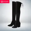 Qutaa 2019 mulheres sapatos sobre o joelho botas altas pontilhadas dedo outono inverno sapatos mulheres castas bando mulheres botas tamanho 34-43