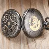 Vintage Pocket Watch Fashion Black Hollow Flower Grilles Case Men Women Automatic Mechanical Skeleton Watches Pendant Chain Gift